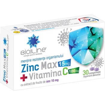 Supliment alimentar Zinc Max + Vitamina C 100 mg, BioSunLine, 30 comprimate Supliment alimentar Zinc Max + Vitamina C 100 mg, BioSunLine, 30 comprimate