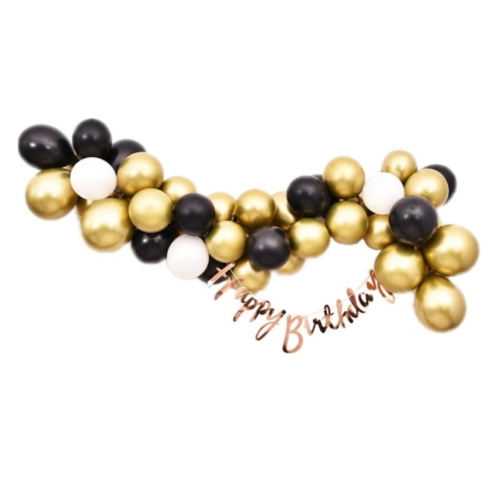 Комплект за аранжиране на балони, черен/златен/бял, със златен гирлянд Честит рожден ден