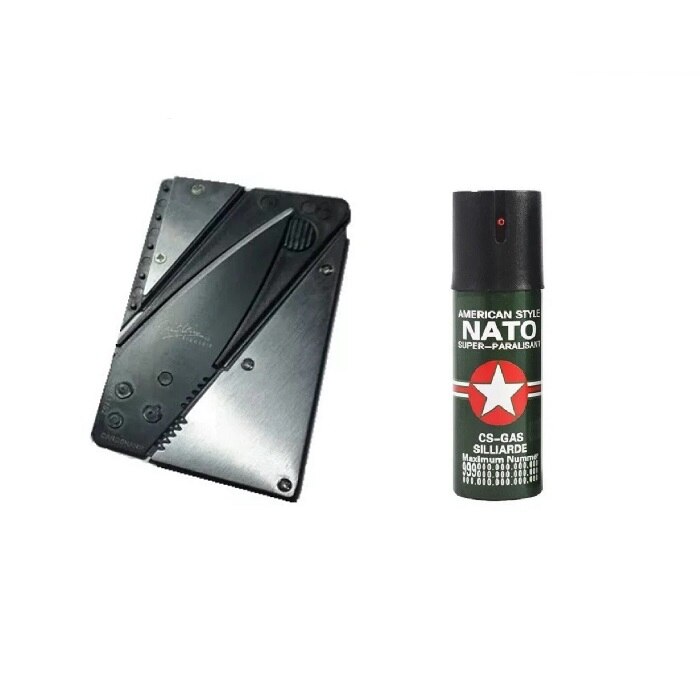 Set cutit card de buzunar cu fata metalica, multifunctional,negru si spray autoaparare 60 ml