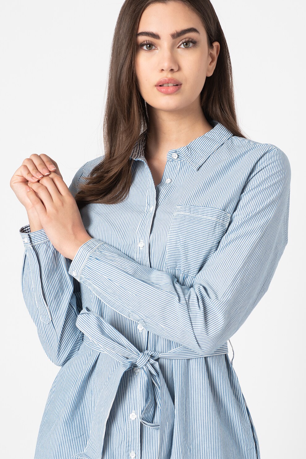 Mustang, Rochie tip camasa cu model in dungi Fanny, Bleu/Alb, 34