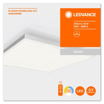 Plafoniera LED Ledvance Planon Frameless CCT,400x400mm, 35 W, telecomanda inclusa cu functii de dimare, ON/OFF, night light, sleep, 3300 lm, 3000K/5000K, IP20, ALB , A+ Plafoniera LED Ledvance Planon Frameless CCT,400x400mm, 35 W, telecomanda inclusa cu functii de dimare, ON/OFF, night light, sleep, 3300 lm, 3000K/5000K, IP20, ALB , A+