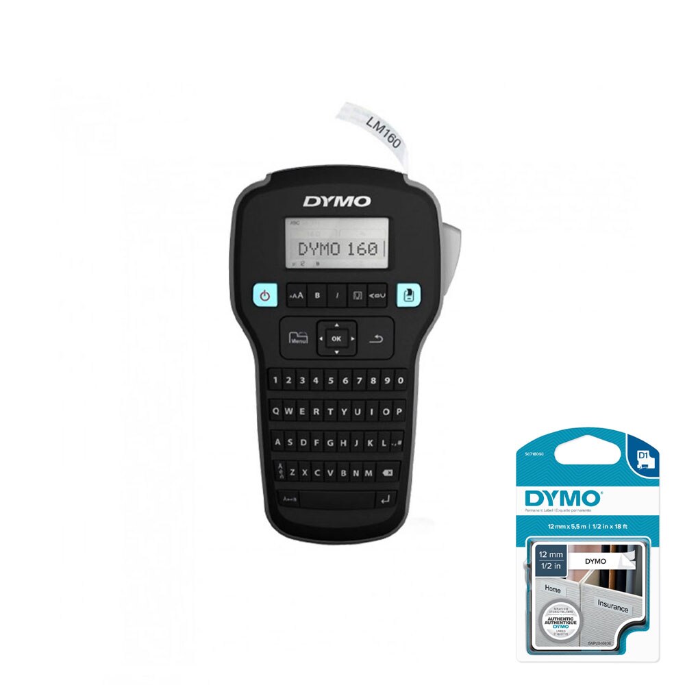 Aparat de etichetat (imprimanta etichete) DYMO LabelManager 160P, QWERTY S0946320 si 1 banda industriala poliester D1, 12mm x 5.5m, negru/alb,16959