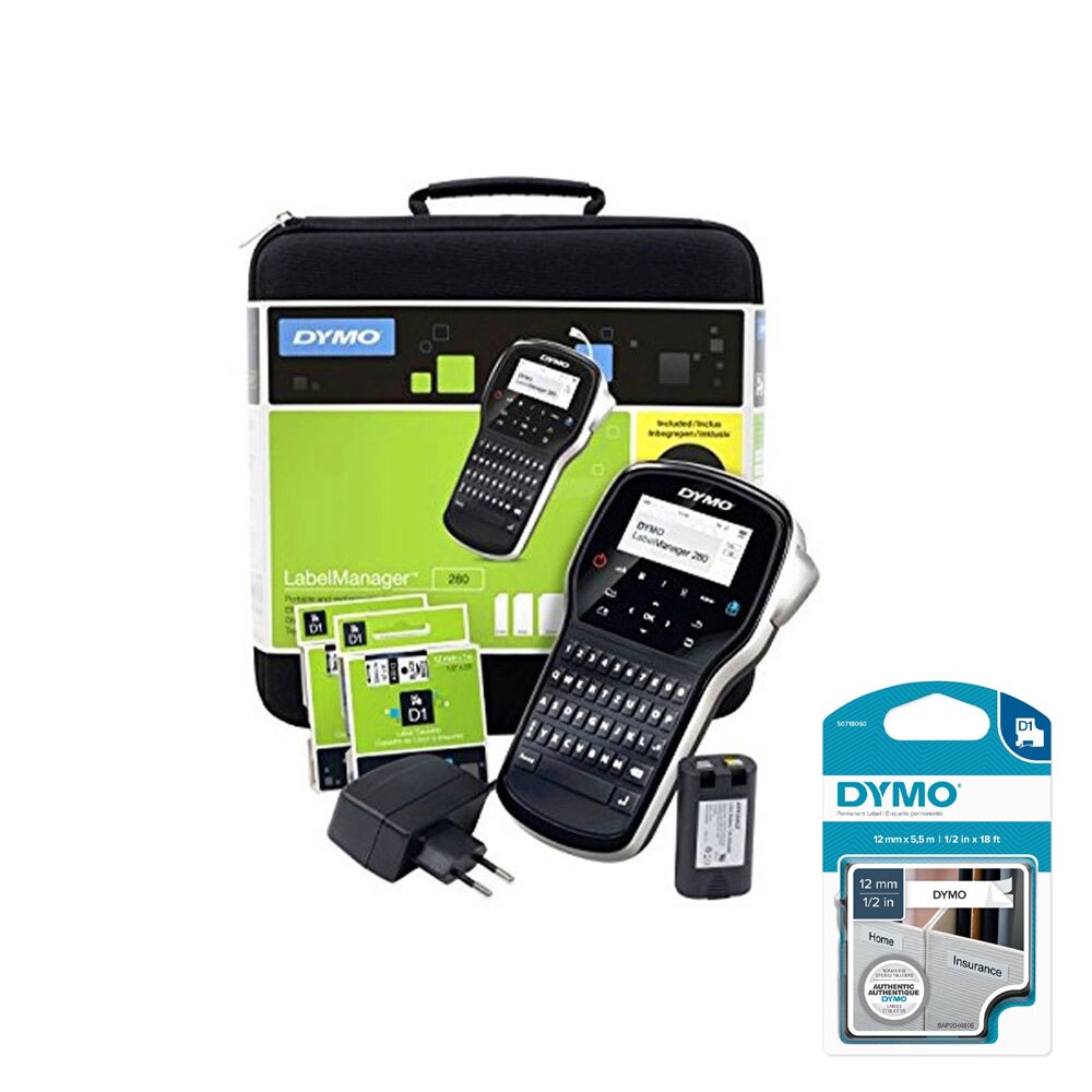 Aparat de etichetat (imprimanta etichete) DYMO LabelManager 280P, QWERTY, kit cu servieta, conectare la PC si 1 banda industriala poliester D1, 12mm x 5.5m, negru/alb, 2091152, 16959