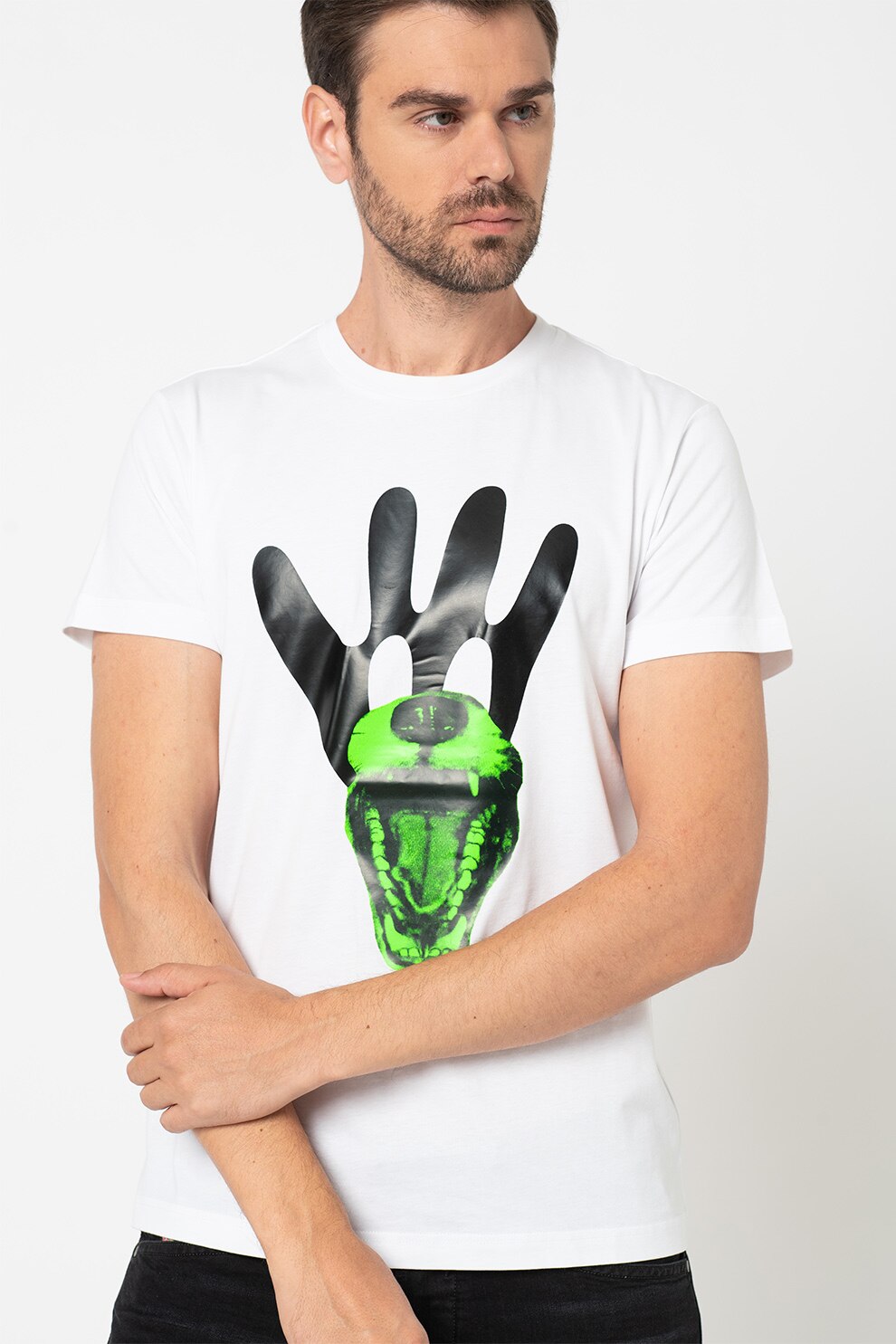 Diesel, Tricou de bumbac cu imprimeu grafic Diego, Alb/Negru/Verde