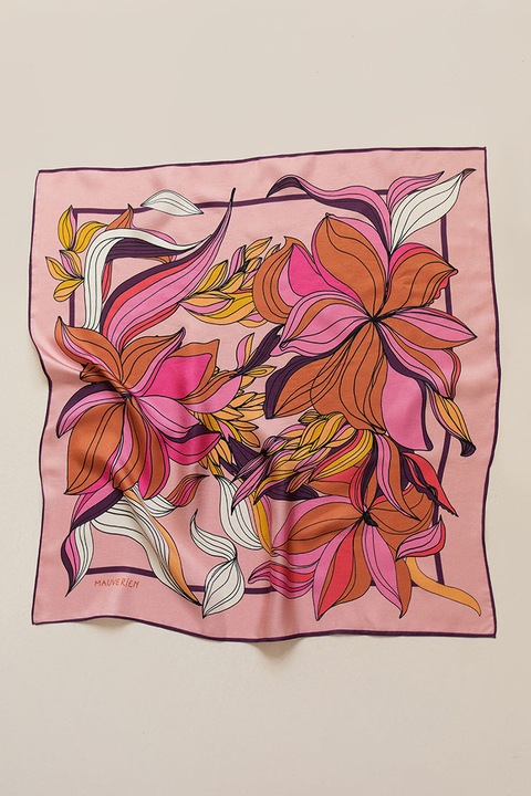 Mauverien, Esarfa patrata din matase cu imprimeu floral, Lila/oranj/alb