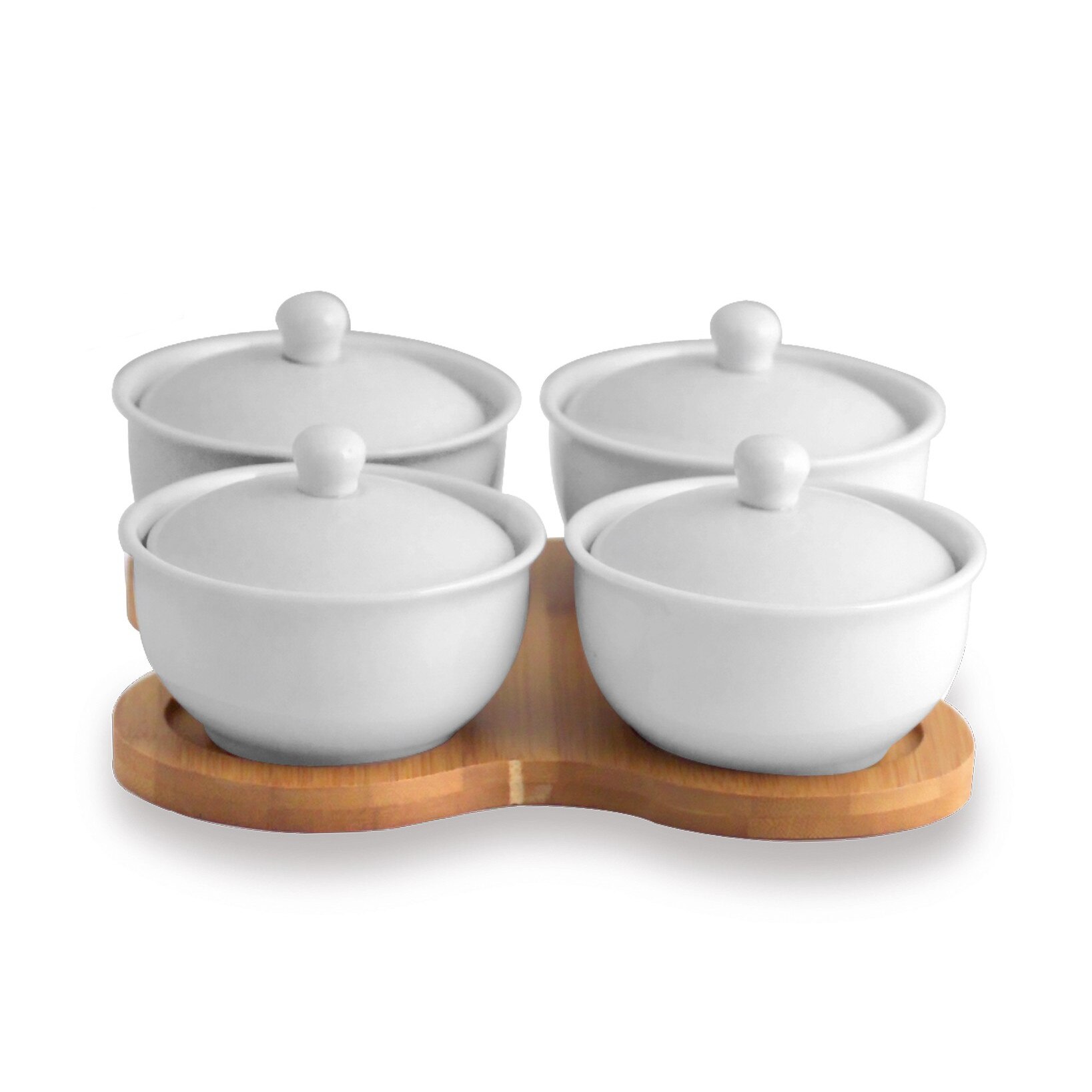 Set 5 piese servire, boluri portelan cu suport bambus