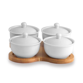 Set 5 piese servire, boluri portelan cu suport bambus Set 5 piese servire, boluri portelan cu suport bambus