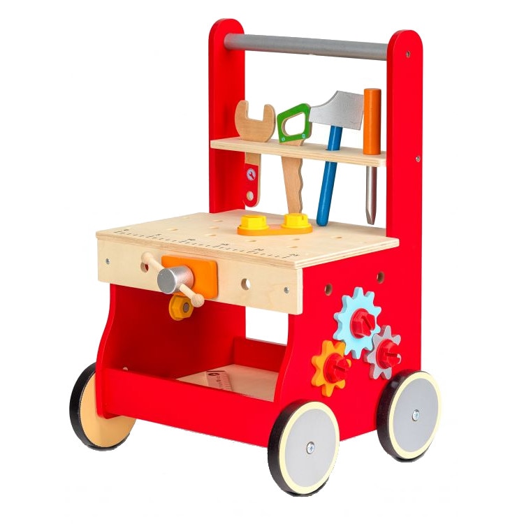 Atelier banc de lucru cu scule, 4 roti mobile, menghina, cheie , ciocan, fierastrau, ruleta si surublnita, 32 x 28.5 x 48.5 cm