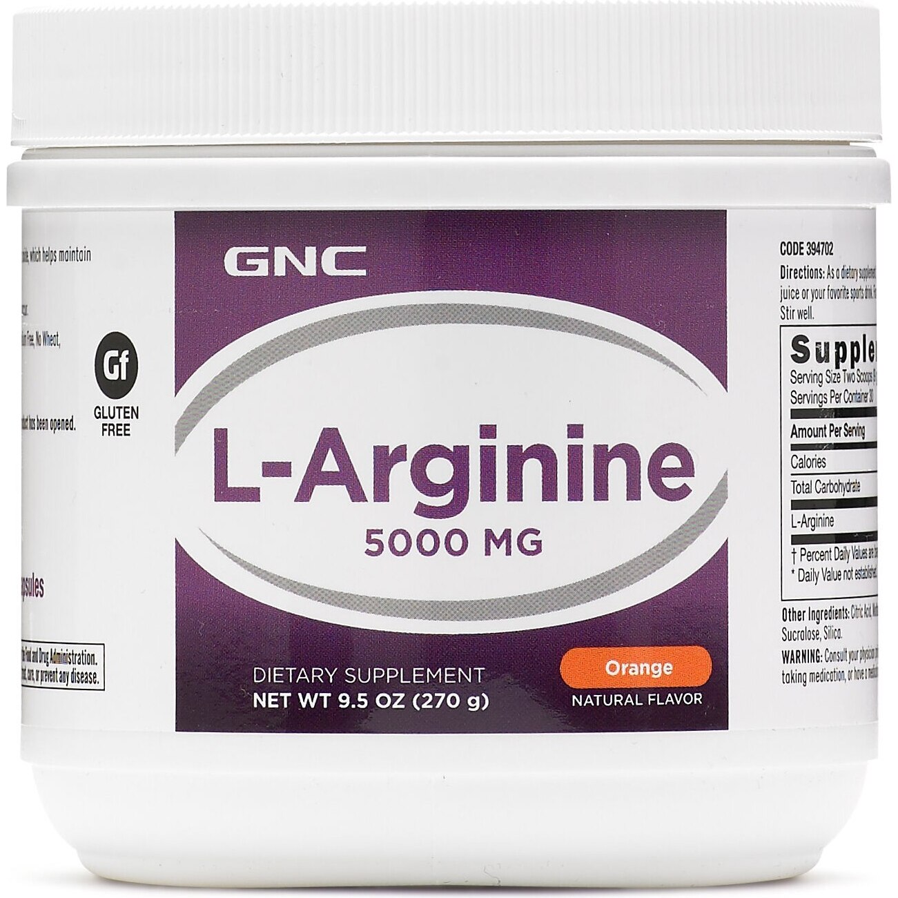 GNC L-Arginine 5000 mg, L-Arginina, Pulbere cu Aroma de Portocale, 270 g