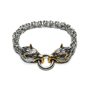 Bratara metalica Freki cu lupii nordici, Kokoshell, Bijuterie cu patina aurie stilul Viking, 18-20cm Bratara metalica Freki cu lupii nordici, Kokoshell, Bijuterie cu patina aurie stilul Viking, 18-20cm