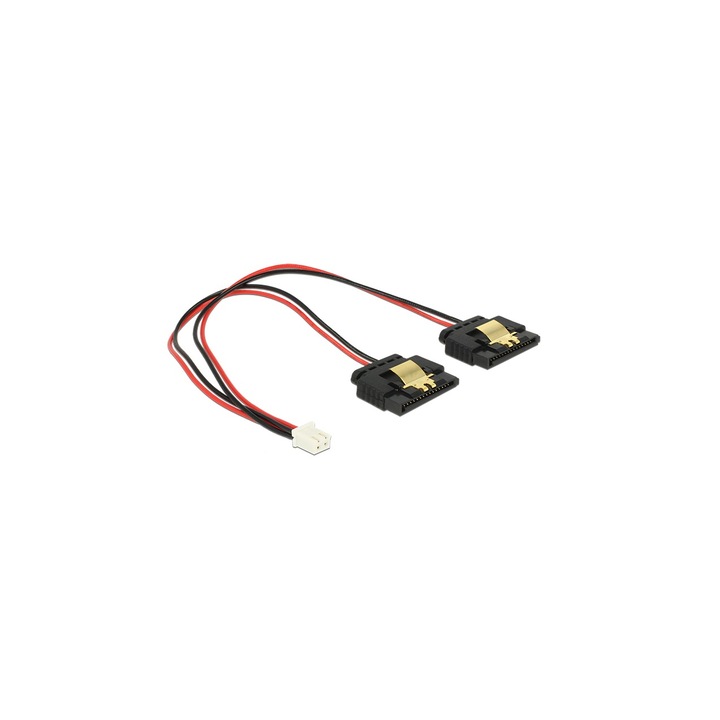 Delock Tápkábel, 2 tus csatlakozóhüvely > 2 x 15 tus SATA-aljzat (5 V), fém, 20 cm (DL-85249)