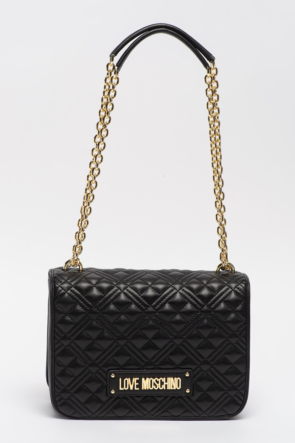 Love Moschino, Geanta crossbody cu aspect matlasat, Negru/Auriu