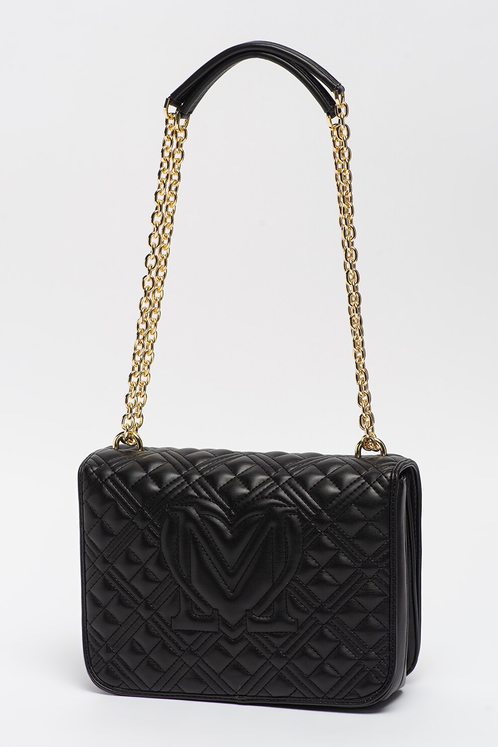 Love Moschino, Geanta crossbody cu aspect matlasat, Negru/Auriu eMAG.ro
