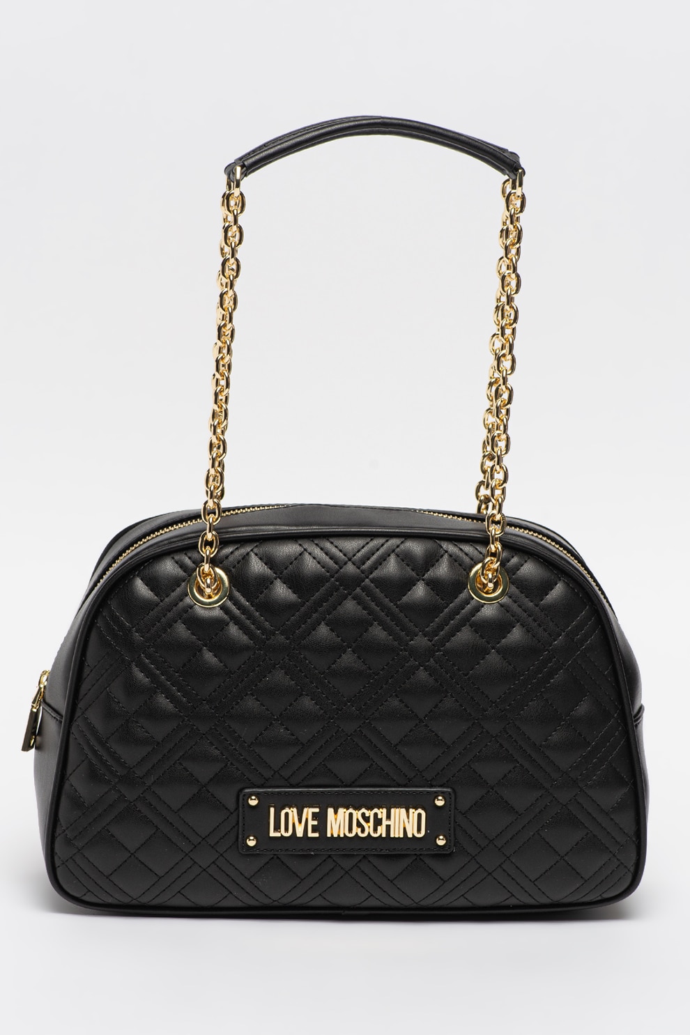 Love Moschino, Geanta de piele ecologica cu bareta de umar si aspect matlasat, Negru/Auriu