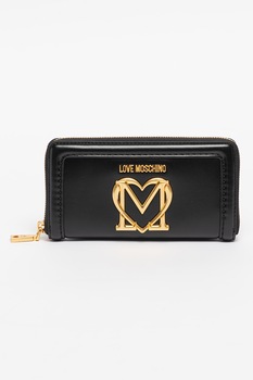 Love Moschino, Portofel de piele ecologica cu aplicatie logo metalica, Negru/Auriu Love Moschino, Portofel de piele ecologica cu aplicatie logo metalica, Negru/Auriu
