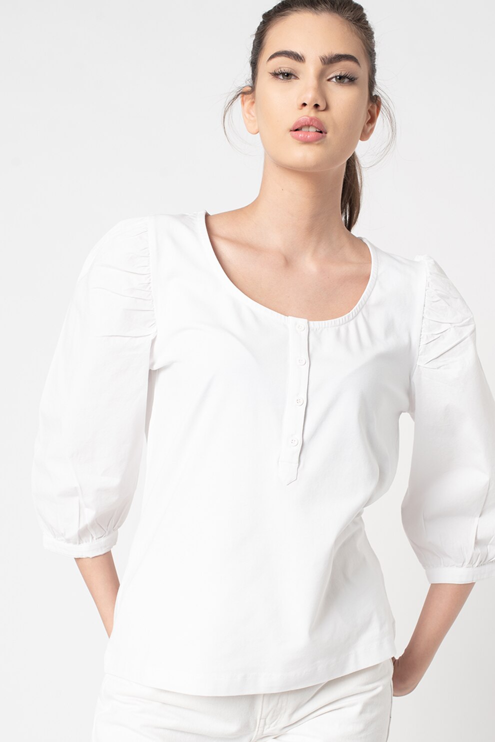 EDC by Esprit, Bluza cu decolteu henley si maneci bufante, Alb