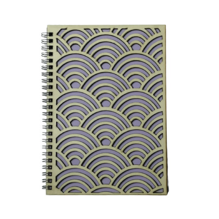 Agenda cu coperti din lemn traforat, Artizanii lemnului, model sacral alfa fildes-mov, A5, alb fildes, 60 file