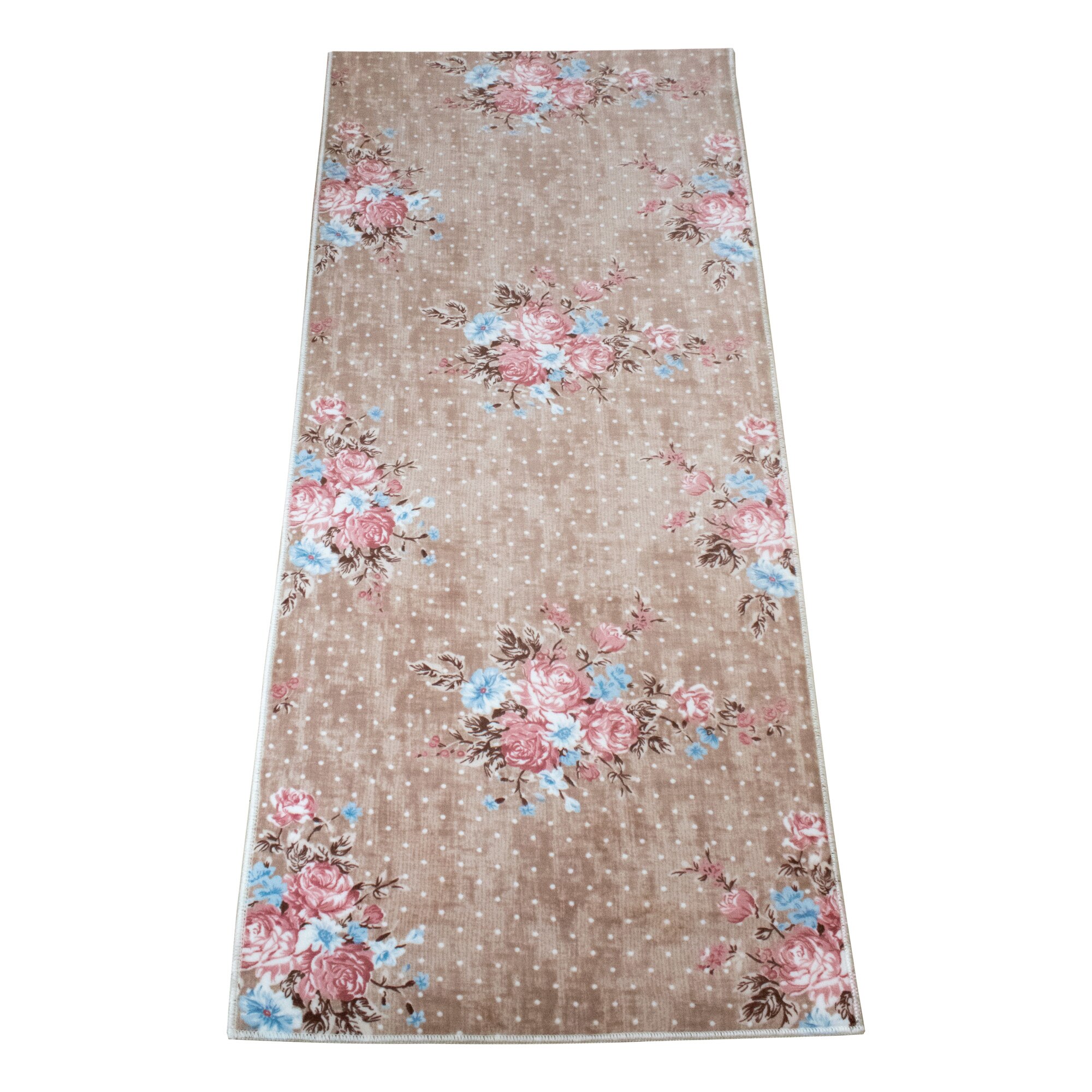 Covor tip traversa Nova 221 , 80x300 cm, poliester 100% ,inaltime plus 6 mm ,gramaj 1250 g/mp ,antialunecare ,dos PVC cu puncte , model buchete flori