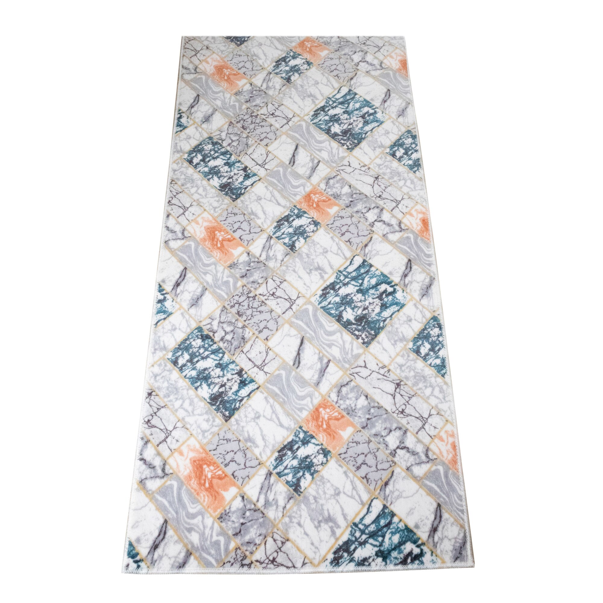 Covor tip traversa Nova 245 , 80x200 cm , poliester 100% ,inaltime plus 6 mm ,gramaj 1250 g/mp ,antialunecare ,dos PVC cu puncte , model marmura