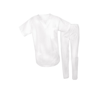 Costum medical, bluza cu anchior si pantaloni cu elastic, Alb, S