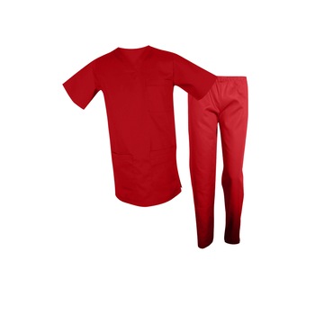 Costum medical, bluza cu anchior si pantaloni cu elastic, Rosu, S Costum medical, bluza cu anchior si pantaloni cu elastic, Rosu, S