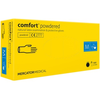 Set 100 bucati Manusi Comfort powdered, Latex, pudrate, netede, crem, marimea M Set 100 bucati Manusi Comfort powdered, Latex, pudrate, netede, crem, marimea M