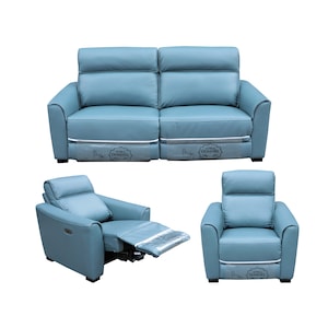 Set Model 3695, Mobila Domnel, canapea 3 locuri cu 2 reclinere electrice si 2 fotolii cu recliner electrice, Port USB, Piele naturala, Albastru A-3845-73