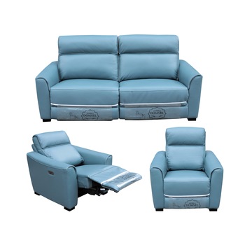 Set Model 3695, Mobila Domnel, canapea 3 locuri cu 2 reclinere electrice si 2 fotolii cu recliner electrice, Port USB, Piele naturala, Albastru A-3845-73 Set Model 3695, Mobila Domnel, canapea 3 locuri cu 2 reclinere electrice si 2 fotolii cu recliner electrice, Port USB, Piele naturala, Albastru A-3845-73