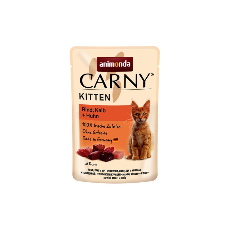 Mancare umeda pentru pisici Carny Junior, Vita, Vitel, Pui, 85g