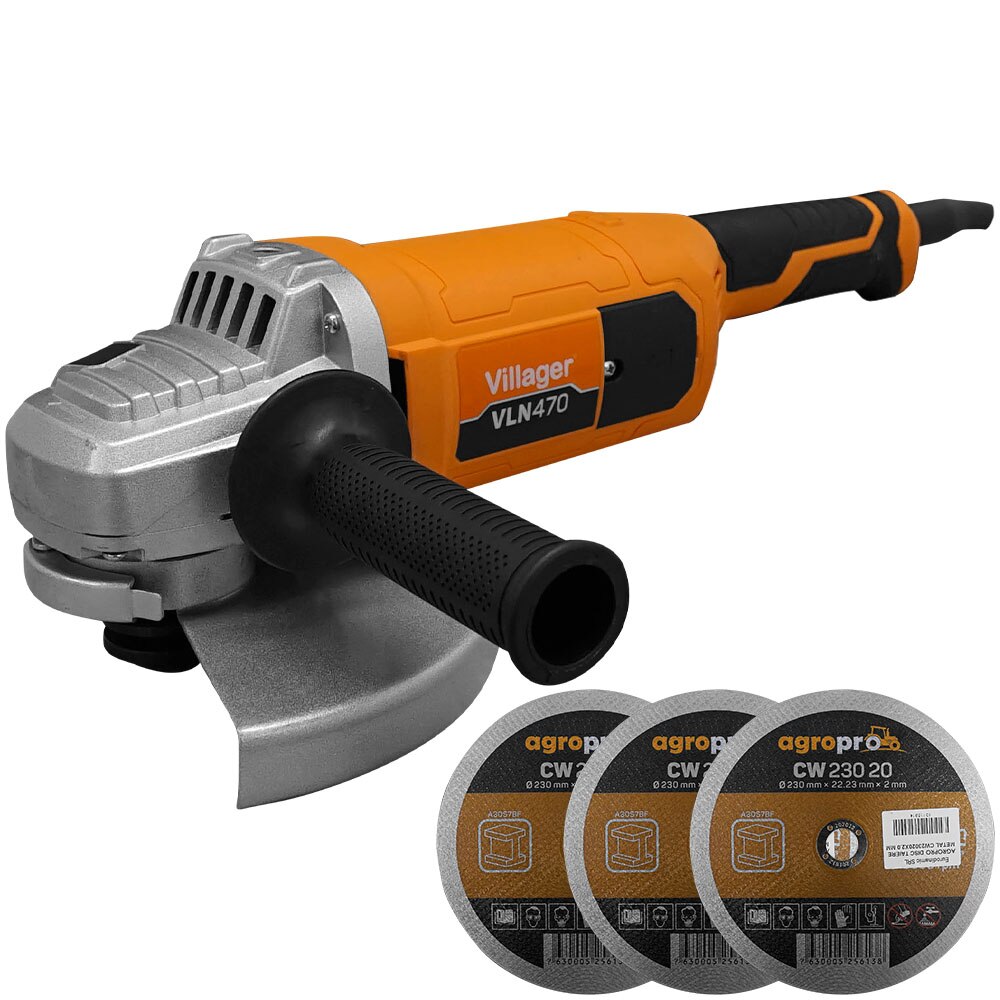 Set masina de slefuit unghiulara Villager VLN 470, putere 2350 W, turatie 6500 rpm, diametru disc 230 mm, set 3 x discuri de taiere CW-230-20 AgroPro