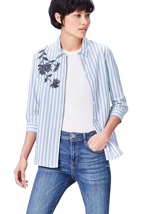 Női ing, Find AZ14125-6024579, 3/4 ujjú, csíkos, virágmintás, kék/fehér, 36 S