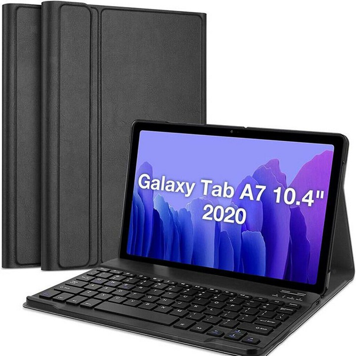 Samsung Galaxy Tab A7 10.4 (2020) WIFI / LTE SM-T500 / SM-T505 Tok álló, bőr flip tok, BLUETOOTH billentyűzet, QWERTY, angol nyelvű, fekete