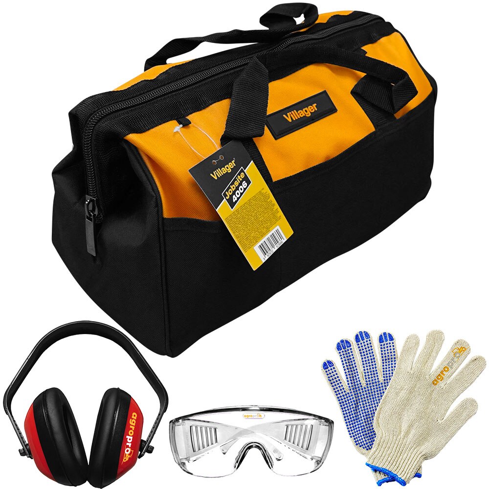 Set geanta scule Villager Jobsite 4006, material textil, 40 cm, 1 x antifoane, 1 x ochelari, 1 x manusi protectie AgroPro