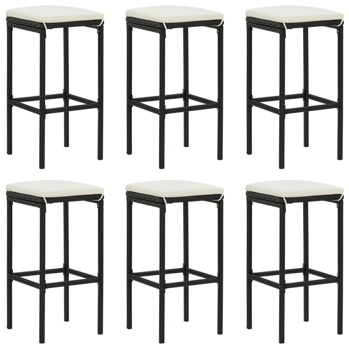 Set scaune de bar cu perne vidaXL, 6 buc., negru, poliratan, 38 x 38 x 76 cm, 22 kg