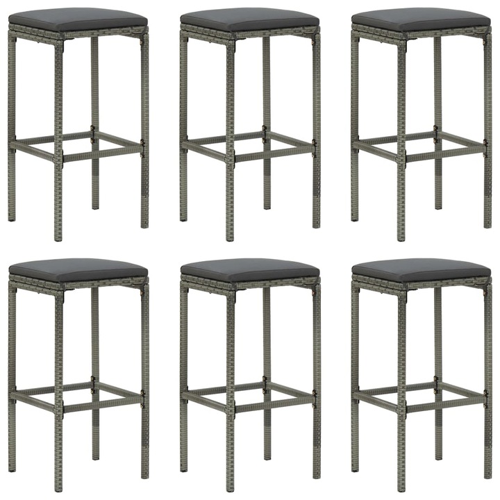 Set scaune de bar cu perne vidaXL, 6 buc., gri, poliratan, 38 x 38 x 76 cm, 22.2 kg