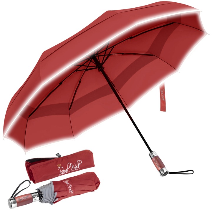 Umbrela de Lux pliabila „Royal Walk", cu Deschidere si Inchidere Automata, Pentru femei si barbati, Ventilata, Compact, Protectie ploaie, Uscare rapida, Usoara, 103cm, Rosu Inchis