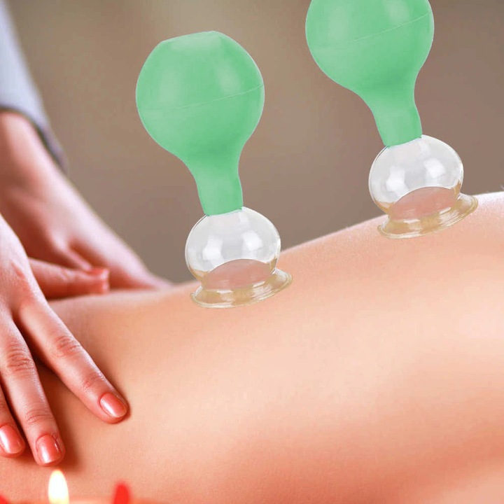Set 5 ventuze din sticla cu pompa din silicon, ideale pentru masajul corporal si facial, verde, SINO FORTA NATURII