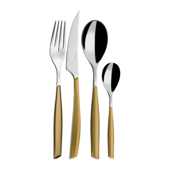 Set 24 tacamuri Casa Bugatti, Glamour, design modern, elegant, pentru 6 persoane, material premium, cutie de lux de prezentare, finisaj lucios, auriu Set 24 tacamuri Casa Bugatti, Glamour, design modern, elegant, pentru 6 persoane, material premium, cutie de lux de prezentare, finisaj lucios, auriu