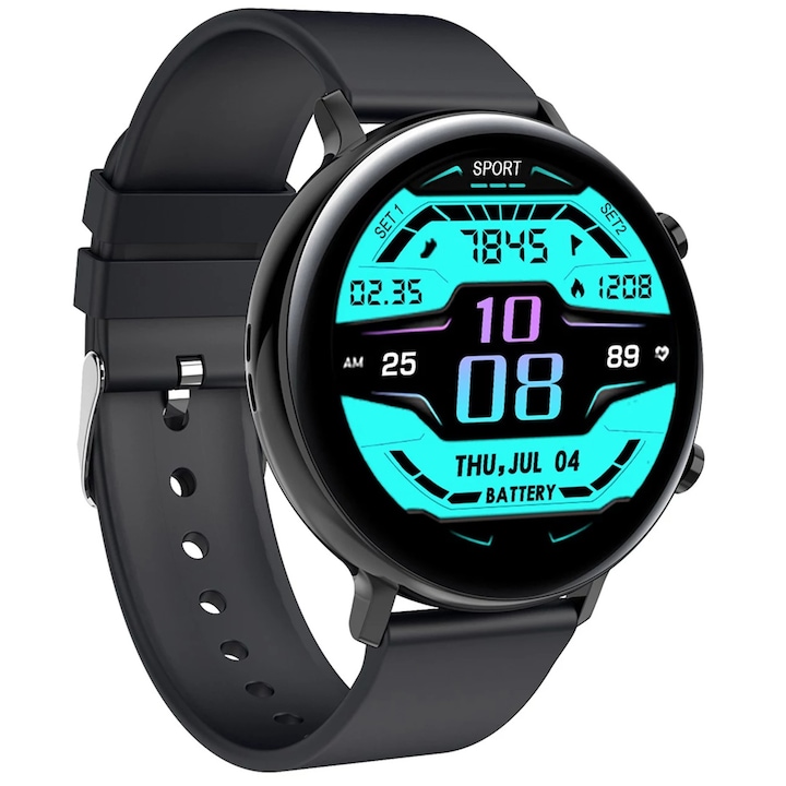SmartWatch LikeSmart Watchfit Okosóra, teljes érintés, 1.28", HD kijelző, Bluetooth hívás, SpO2 oximéter, EKG, pulzus és vérnyomás figyelés, értesítések, szilícium soft fekete