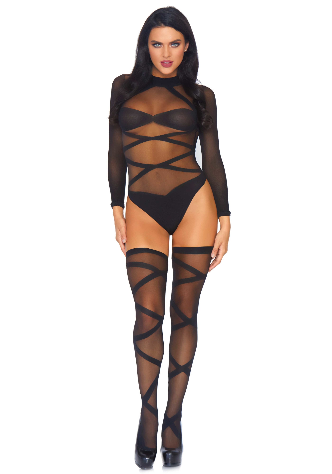 Set 2 piese 8471, Leg Avenue, Nylon, Negru, Marime universala