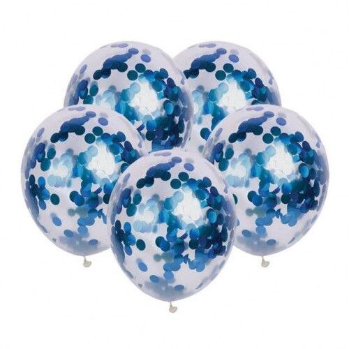 Set 5 baloane latex, transparente cu confetti albastru, 30 cm