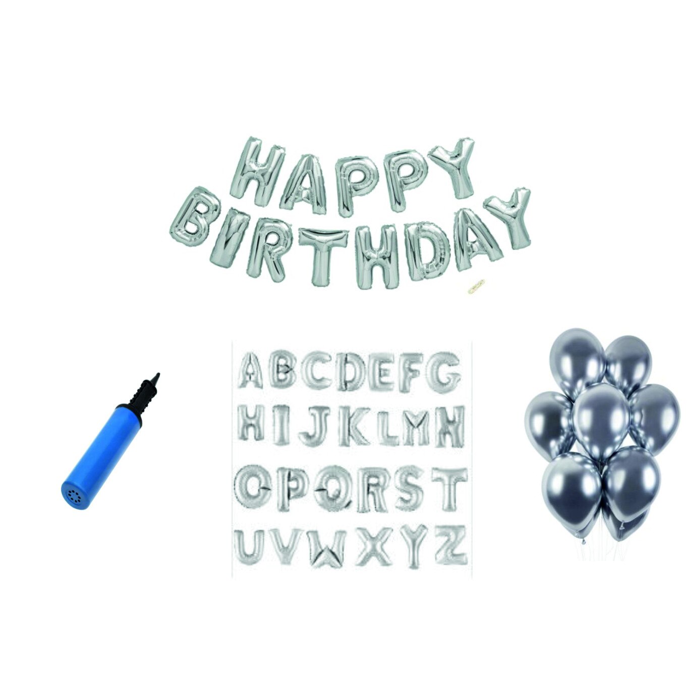 Set 42 baloane Happy Birthday cu litere Nicoleta si latex chrome argintii