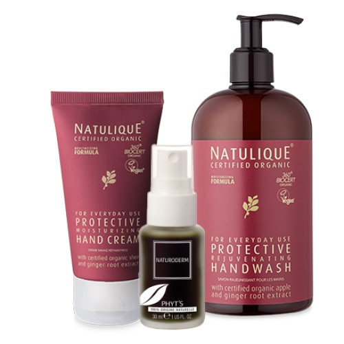 Kit Natulique Crema de maini protectiva si rejuvenanta 50 ml + Sapun protectiv si rejuvenant pentru maini 500 ml + Spray dezinfectant organic Naturoderm Phyt's 30ml