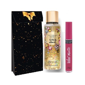 Pachet promo Victoria Secret, Gold Struck, Spray de corp 250 ml si Ruj rezistent la transfer Velvet Matte Pachet promo Victoria Secret, Gold Struck, Spray de corp 250 ml si Ruj rezistent la transfer Velvet Matte