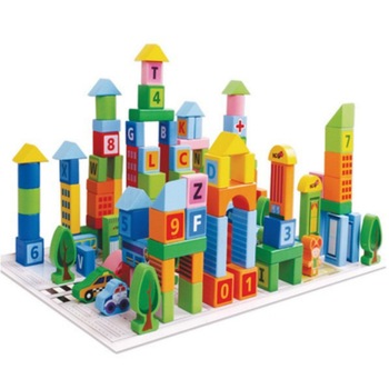 Set de constructie din lemn, 100 piese, Smart Town Blocks - Beilaluna Set de constructie din lemn, 100 piese, Smart Town Blocks - Beilaluna