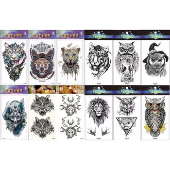 Set 12 bucati, Tatuaje temporare, 21cm x 11cm, tigri, bufnite si vulpi Set 12 bucati, Tatuaje temporare, 21cm x 11cm, tigri, bufnite si vulpi