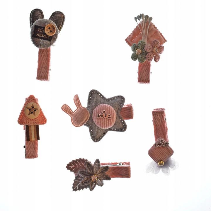 Set de par, copii, 6 agrafe, Micile flori, Roz Pudra, Gri