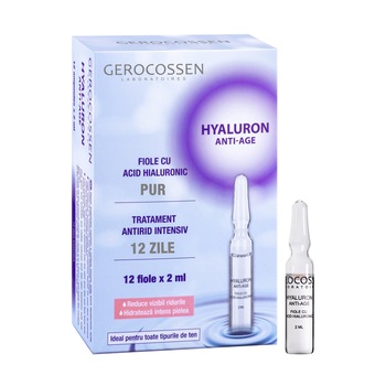 Fiole Gerocossen Hyaluron cu acid hialuronic pur, 12 fiole x 2 ml Fiole Gerocossen Hyaluron cu acid hialuronic pur, 12 fiole x 2 ml