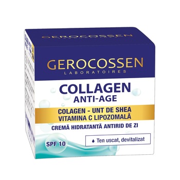 Crema hidratanta antirid de zi cu colagen, unt de shea si vitamina C lipozomala Gerocossen Collagen, SPF 10, ten uscat si devitalizat, 50 ml Crema hidratanta antirid de zi cu colagen, unt de shea si vitamina C lipozomala Gerocossen Collagen, SPF 10, ten uscat si devitalizat, 50 ml