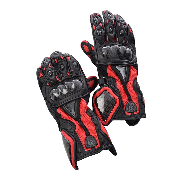 Manusi moto premium din piele 100% naturala, cu monturi de protectie si ventilatie, Redskins Emori, marimea L, negru cu rosu